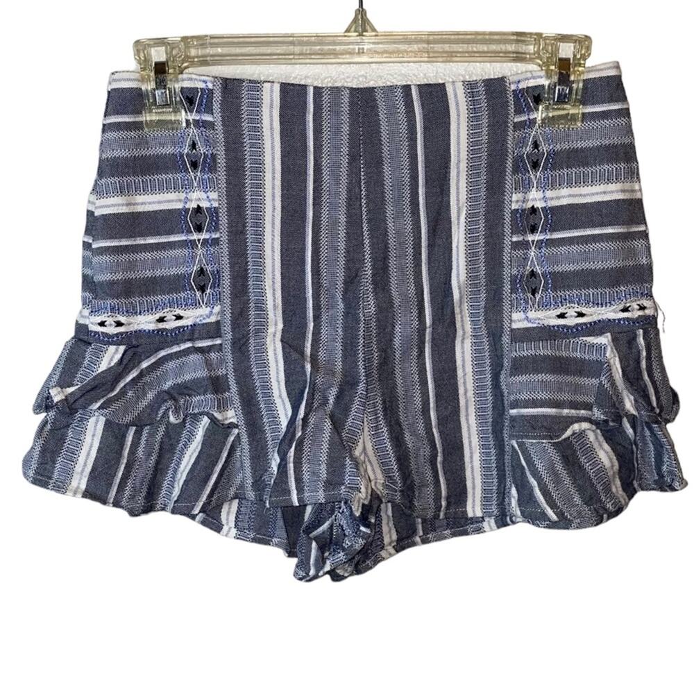 GB Blue Striped Ruffle Shorts Small Boho High Waist Tribal Trim Flowy‎